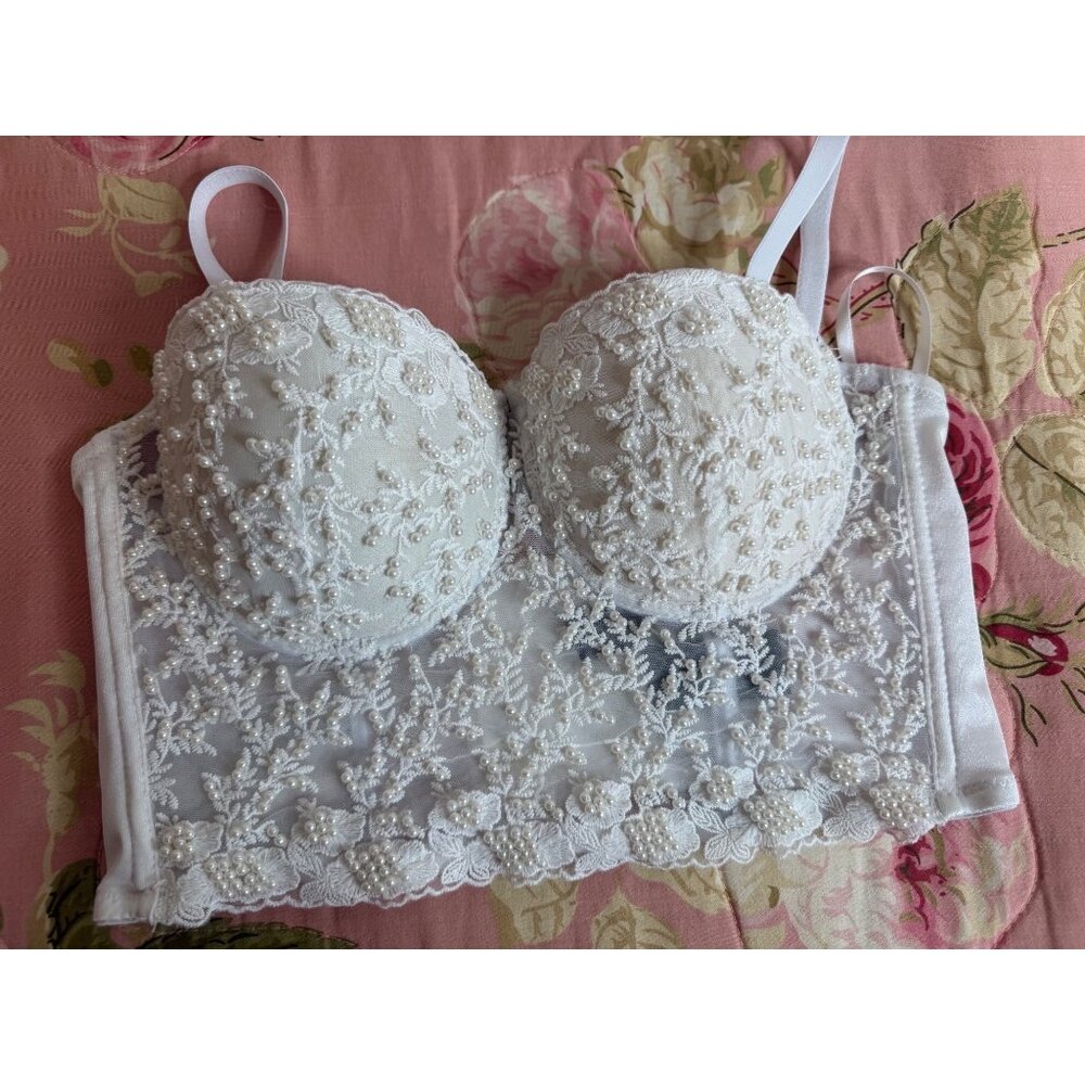 Vtg 90s Windsor Pearl Beaded Bustier Lace Corset Long line bra S Bridal  read